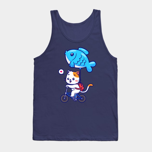 Cute Cat Riding Bicycle With Fish Balloon Cartoon Tank Top by Catalyst Labs